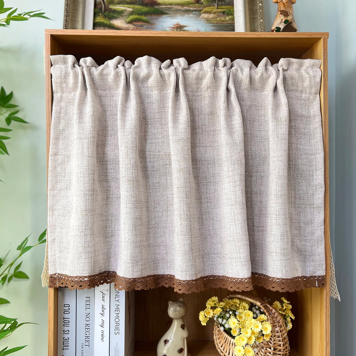 rideau décoration cuisine moderne beige clair tissu polyester motif tissage simple rustique fixations invisibles