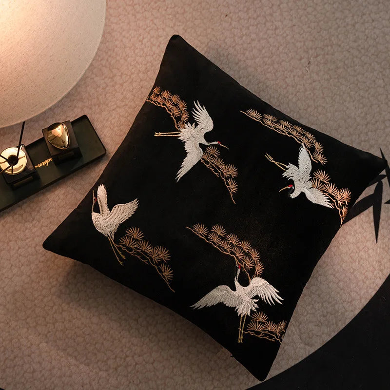 housse coussin noir oiseaux dorés traditionnel brodé opacité polyester coton 45x45cm 50x50cm