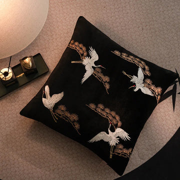 housse coussin noir oiseaux dorés traditionnel brodé opacité polyester coton 45x45cm 50x50cm