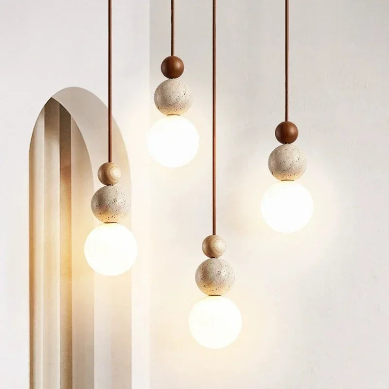 suspension lumineuse moderne boules bois naturel finition mat blanc marron beige