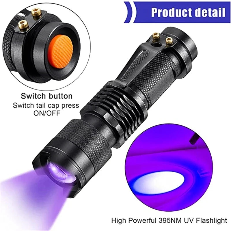 lampe torche uv portative 365nm 395nm zoomable étanche animaux scorpions billets fluorescence