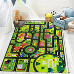 tapis rectangulaire moderne imprimé route animaux vert clair gris blanc rouge bleu jaune extérieur