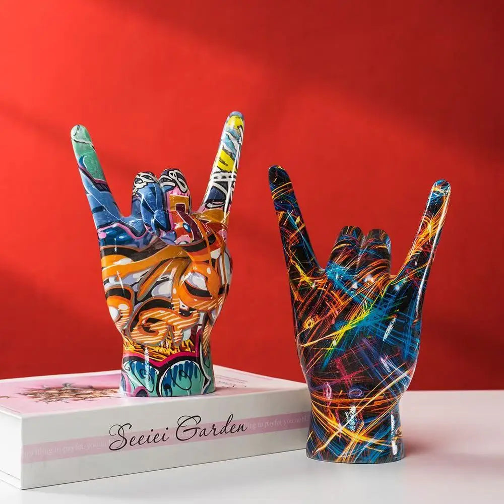 statues decoratives rock on main graffiti moderne bleu orange jaune noir vert blanc pop