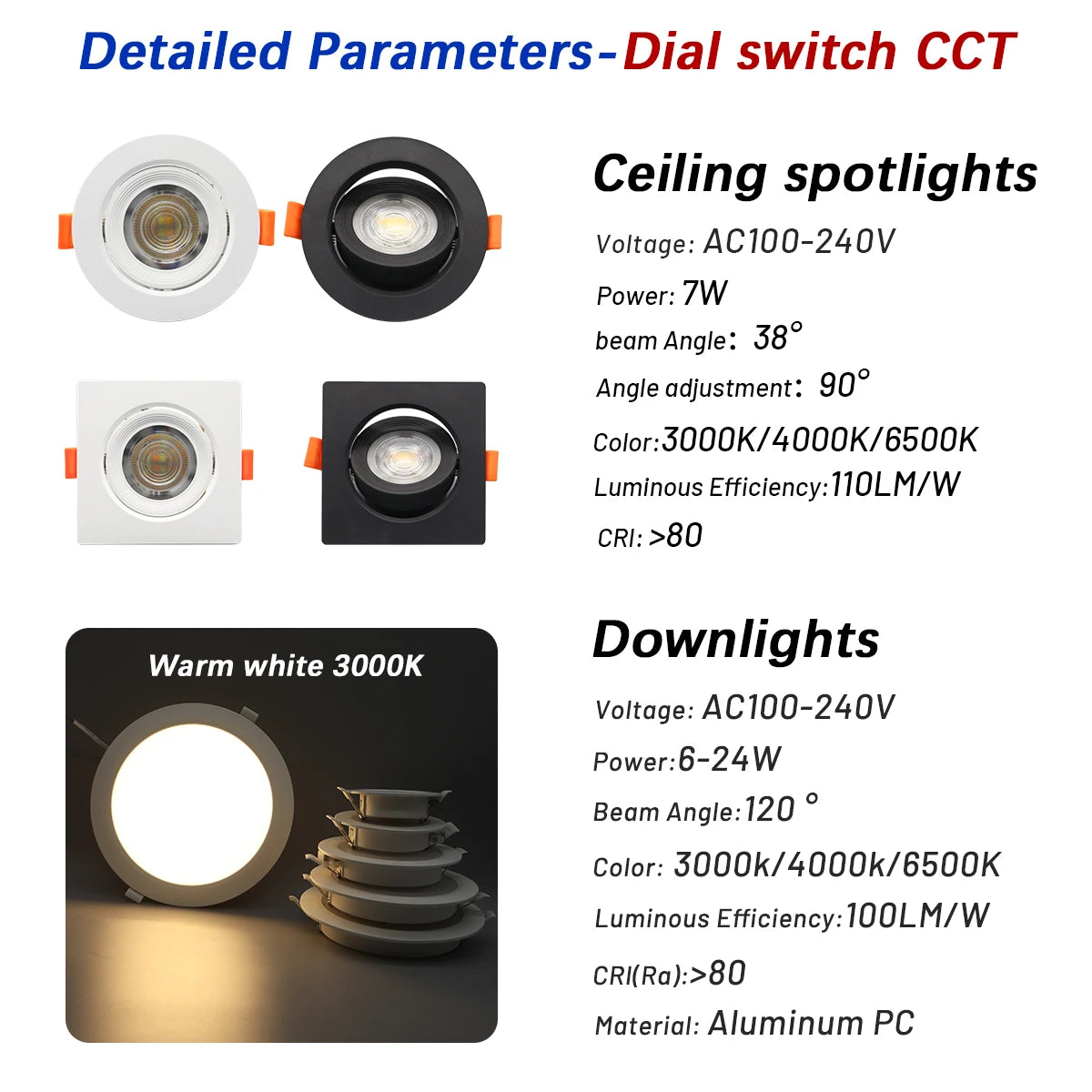 Spot LED Blanc Noir 75mm 90mm 120° 38° 90° interrupteur CCT moderne