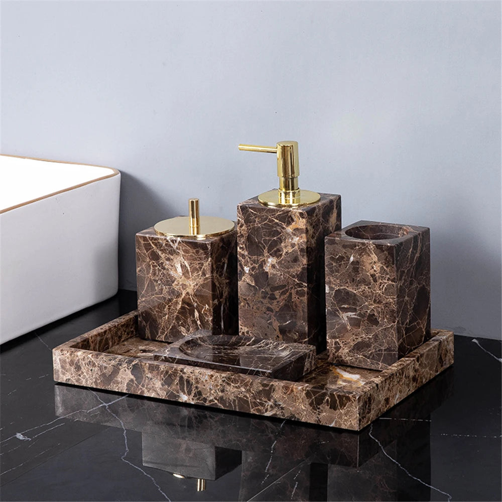 ensemble décoration salle bain marbre marron moderne porte savon porte dentifrice porte gobelet porte