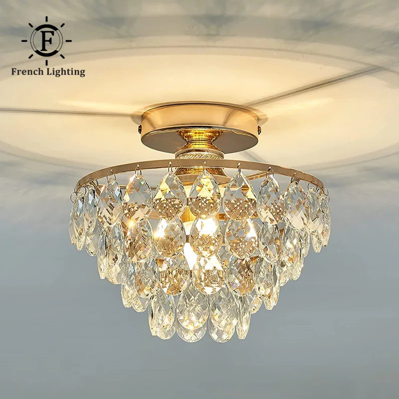 Suspension lumineuse cristaux or transparents classique fixations LED moderne