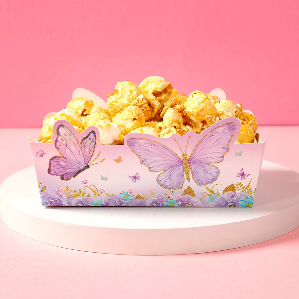 boîtes pop corn décoratives papillons rose violet doré fête anniversaire mariage baptême fille