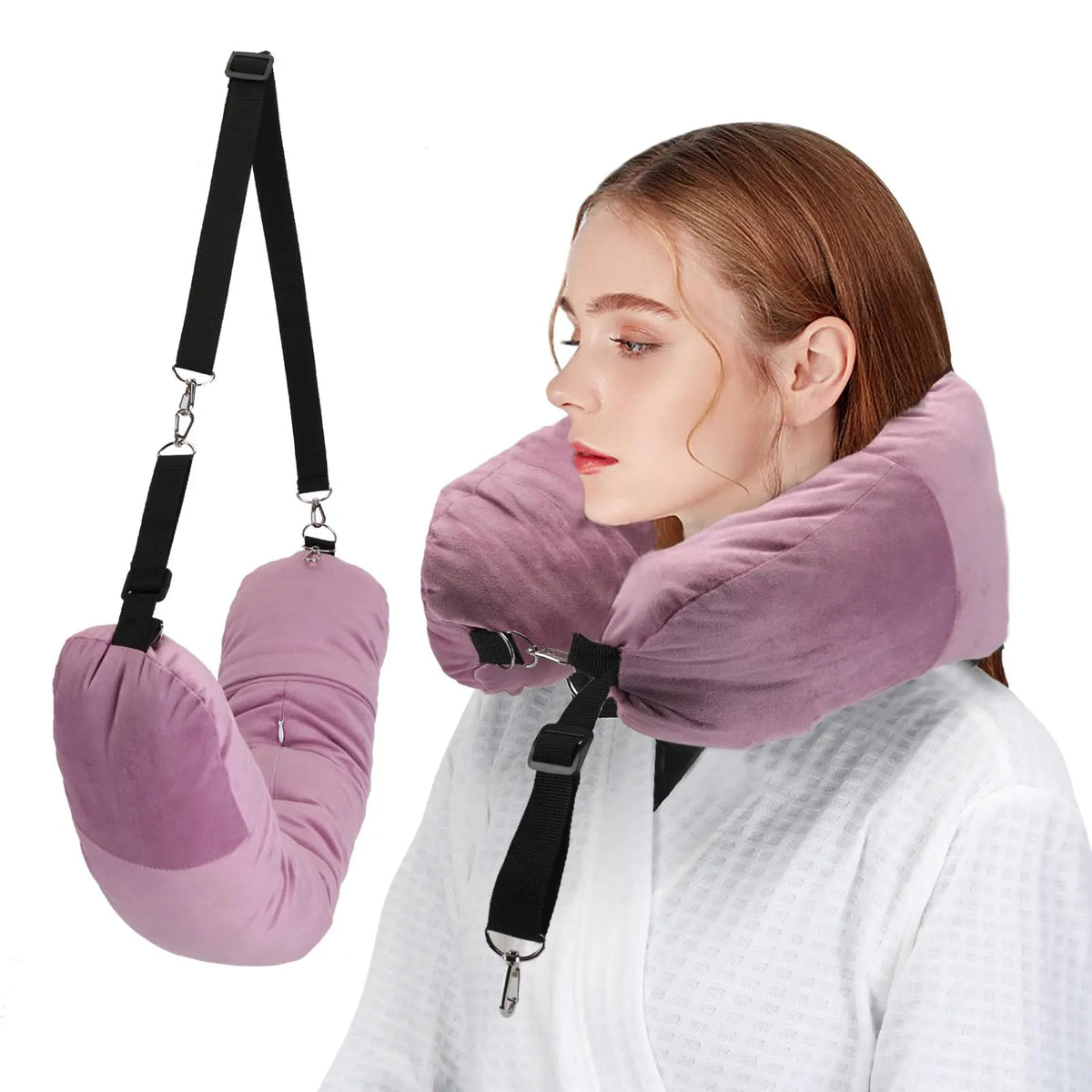 oreiller voyage velours rose pâle confortable épaulières ajustables sac dos portable compressible coton polyester