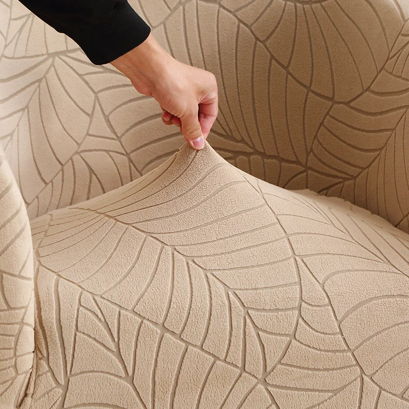 housse fauteuil moderne feuilles stylisées beige gris bleu clair polyestère lavable machine Jacquard fixations