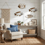 décoration murale poissons bois marin bord mer vieilli abstrait océan nautique étoiles coquillages filets