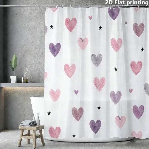rideau douche moderne motif cœurs étoiles polyester opaque ourlets anneaux métalliques blanc rose violet