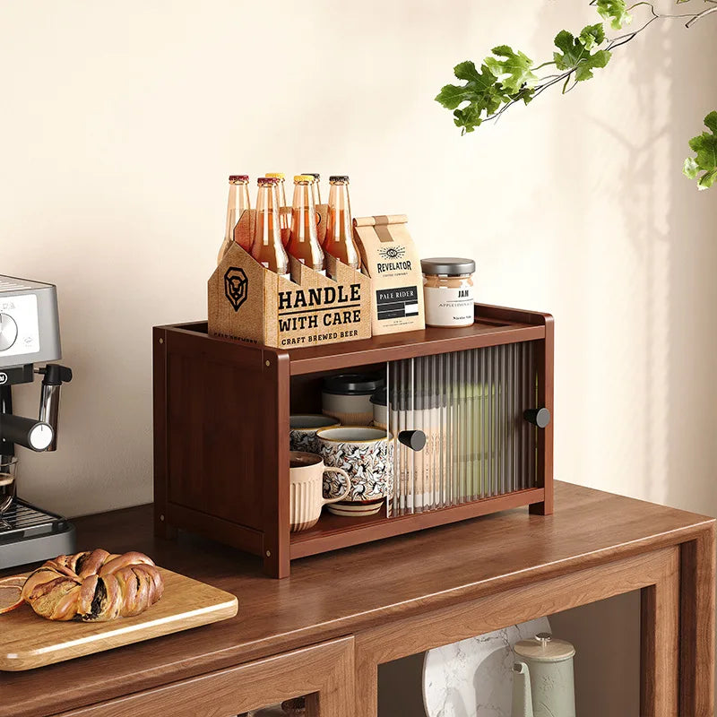 meuble rangement bois marron verres bouteilles thé tasses sucre confiture moderne 50cm 20cm 39cm