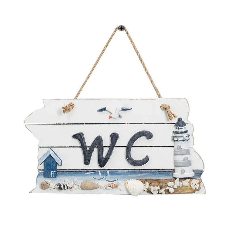 panneau décoratif marin bateau maison phare coquillages blanc bleu noir