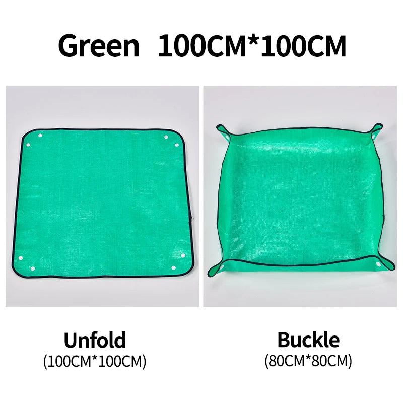 tapis pliable protection plantes utilitaire jardinage vert turquoise outils terreau pots feuilles rouges