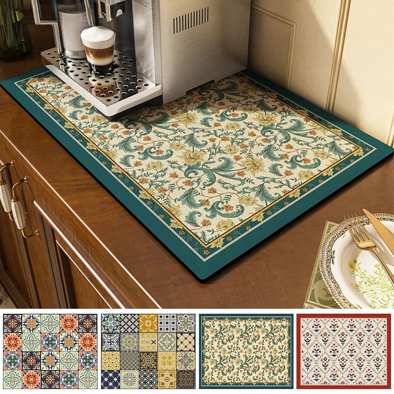 tapis cuisine absorbant polyestère motifs floraux géométriques classique vintage adhésif vert beige bleu rouge