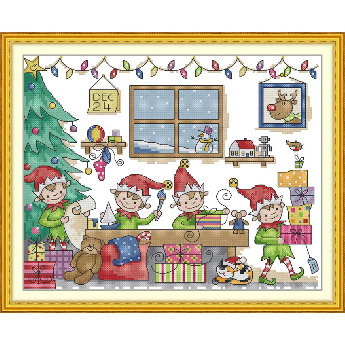 kit broderie point croix motifs noël lutins sapin cadeaux coton print canvas instructions fils