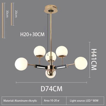 suspension lumineuse moderne or noir blanc sphères translucides structure métallique fixée lumière led