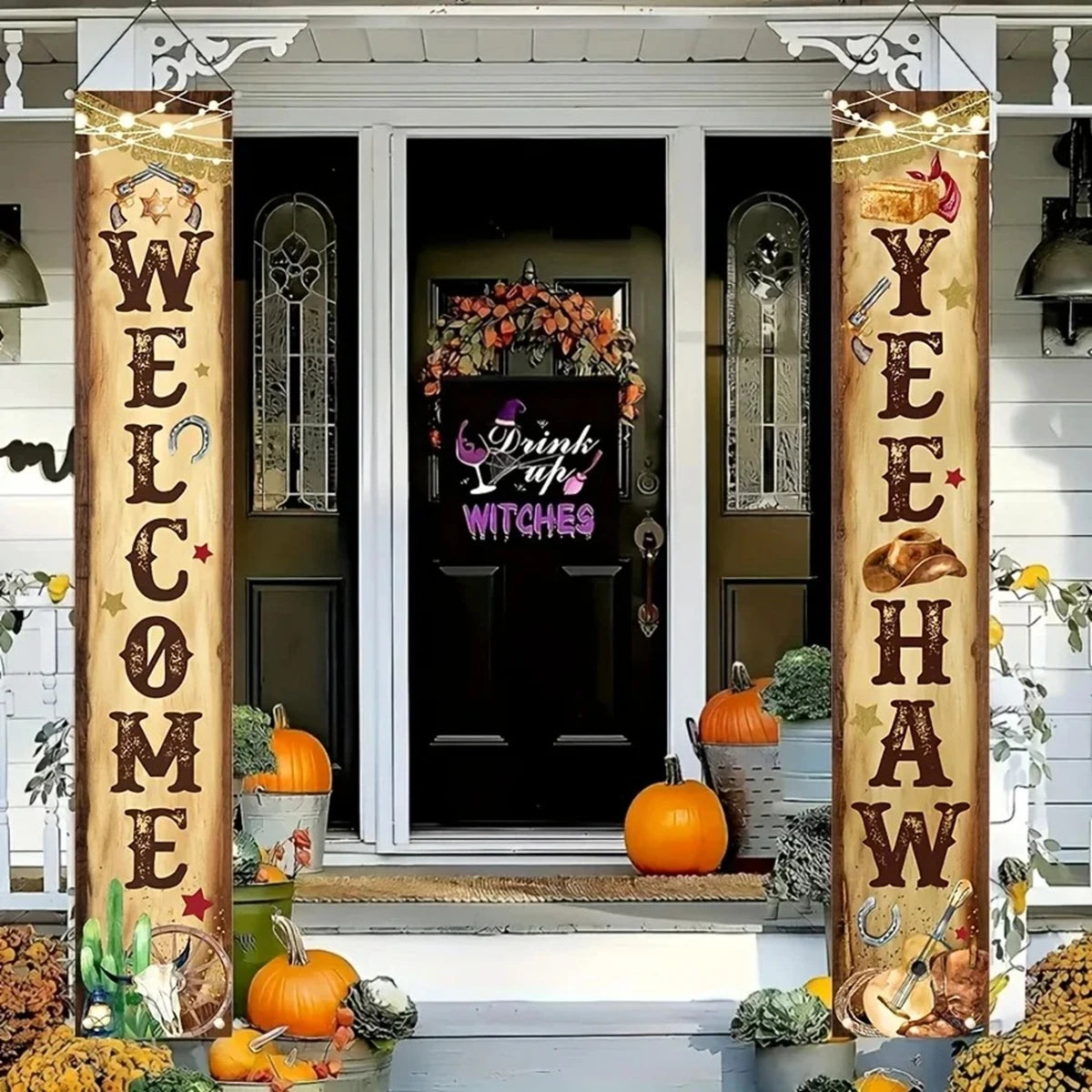 bannière western welcome yeehaw étoiles cactus bottes sabots clips magnétiques guirlande lumineuse vintage automne