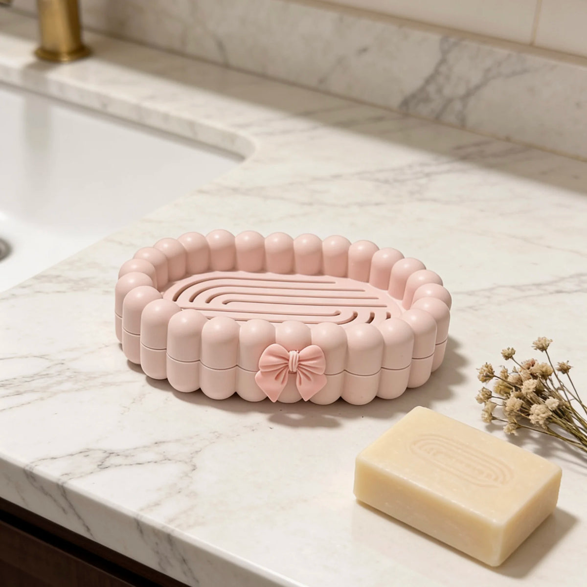 support savon blanc rose moderne nœud boudiné double couche drainage salle bain