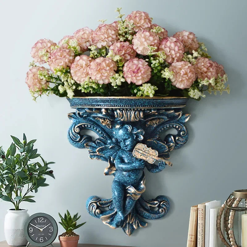 décoration murale résine cherubin baroque fleurs artificielles vintage étagères murales blanc bleu turquoise