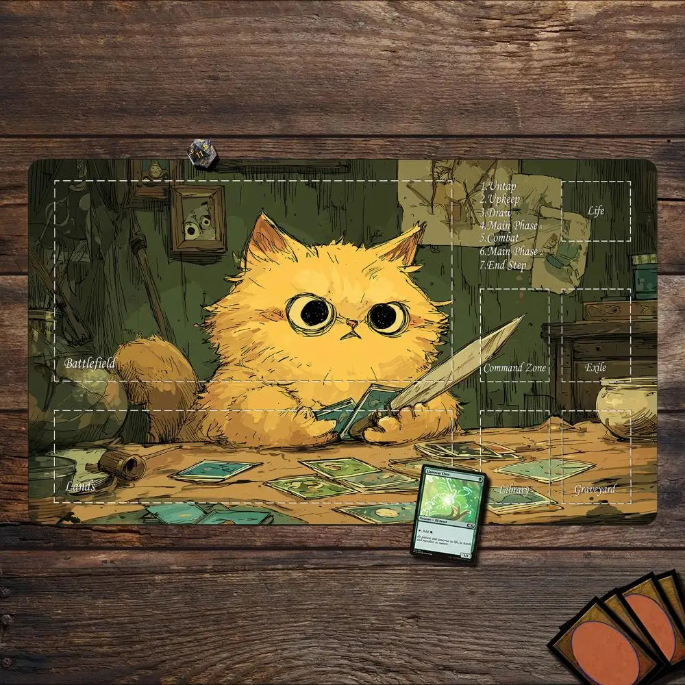 tapis jeu illustration chat cartes texturé zones jeu vert beige bleu clair art détaillé