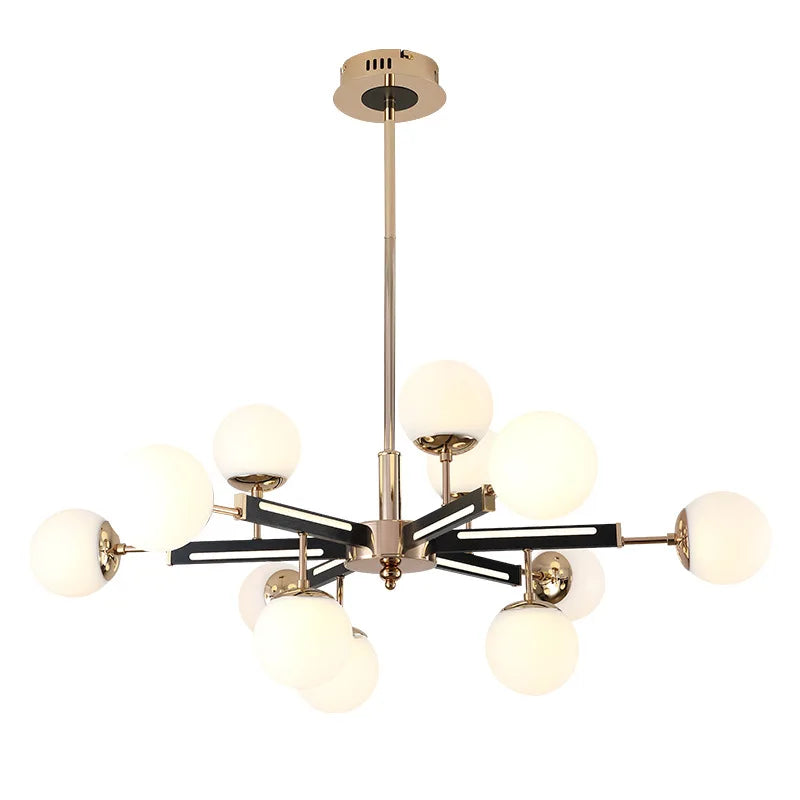 suspension lumineuse moderne or noir blanc sphères translucides structure métallique fixée lumière led