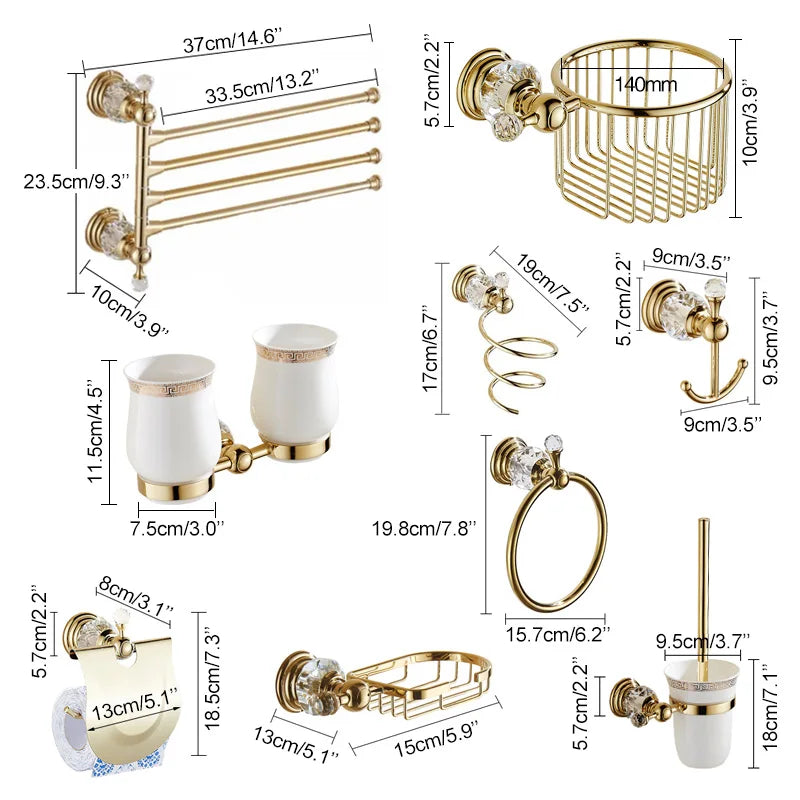accessoires salle bain or cristaux porte serviettes savon gobelets élégants vis fixés