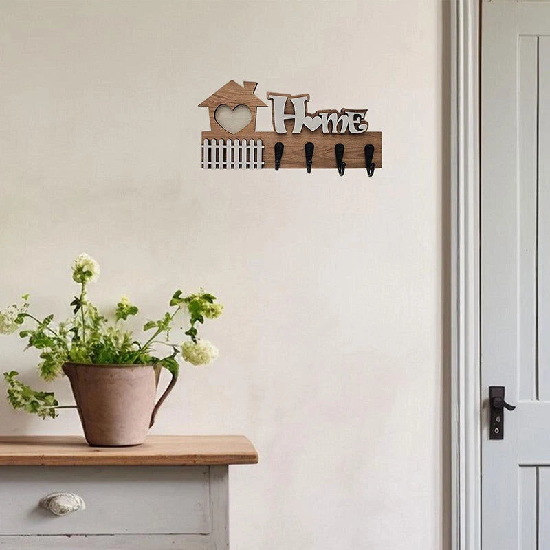 porte clés mural bois naturel motif maison cœur rustique texte decoration entrée