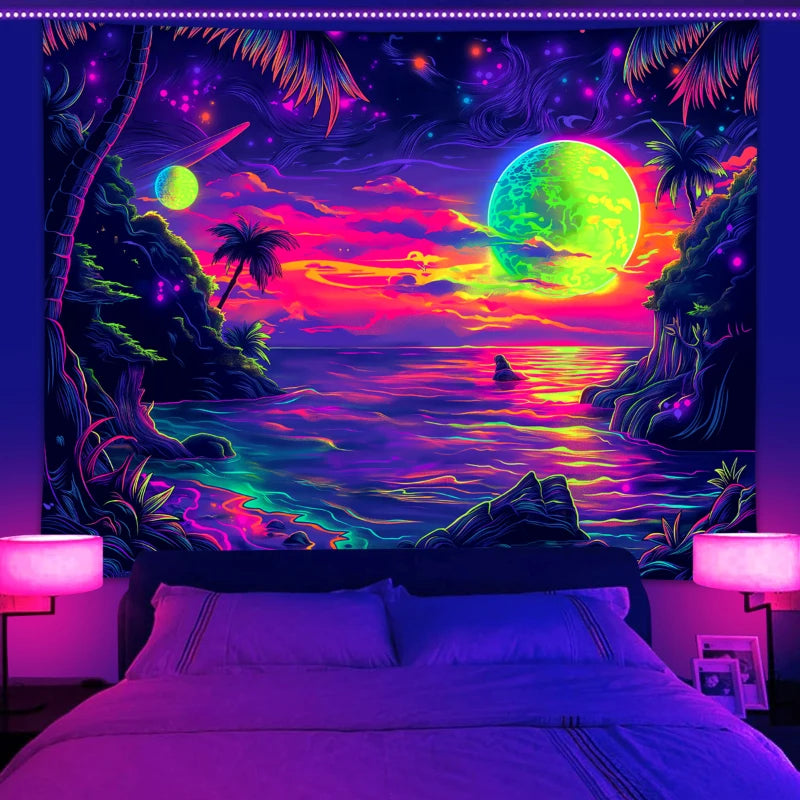 tapisserie moderne paysage marin palmiers couchant soleil planètes étoiles nuages clips violet rose jaune