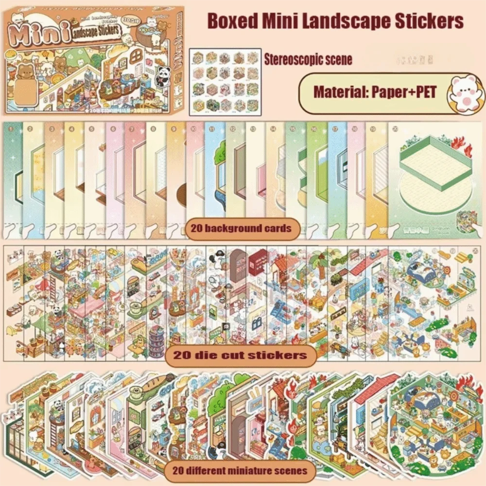 stickers paysage miniature dessin animé mignon personnages animaux scènes détaillées rose blanc vert bleu