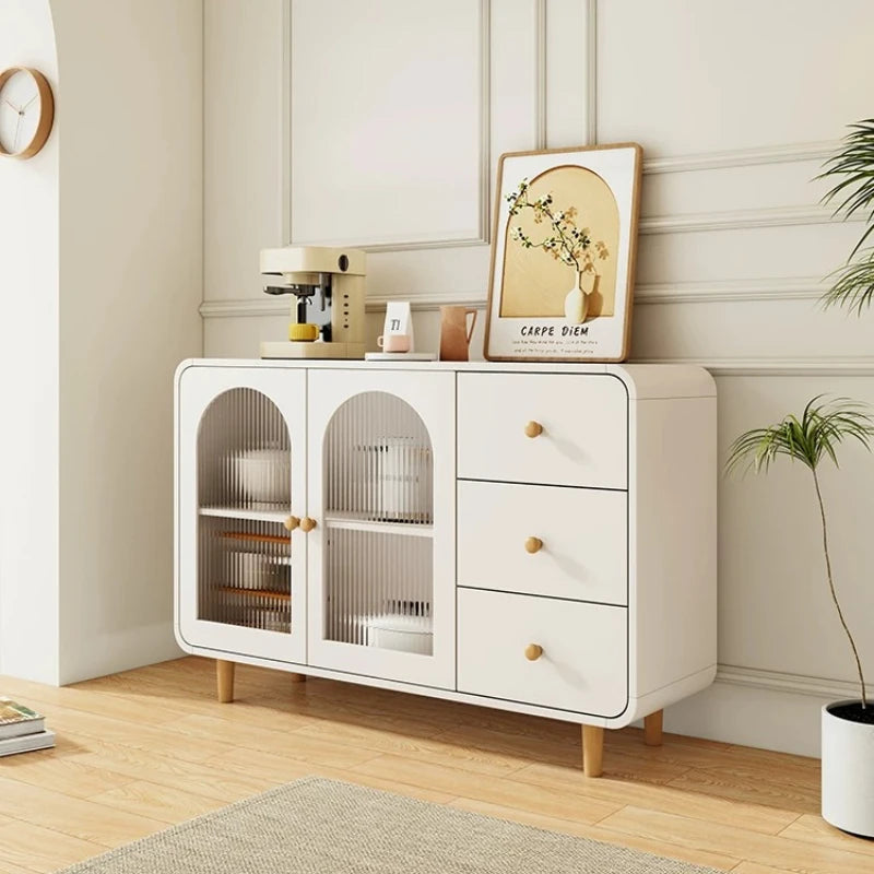 meuble cuisine bois blanc moderne scandinave portes vitre étagères rangement salon