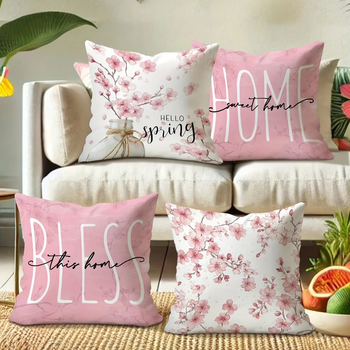 housse coussin imprimé fleurs roses hello spring sweet opaque moderne 45x45cm polyester