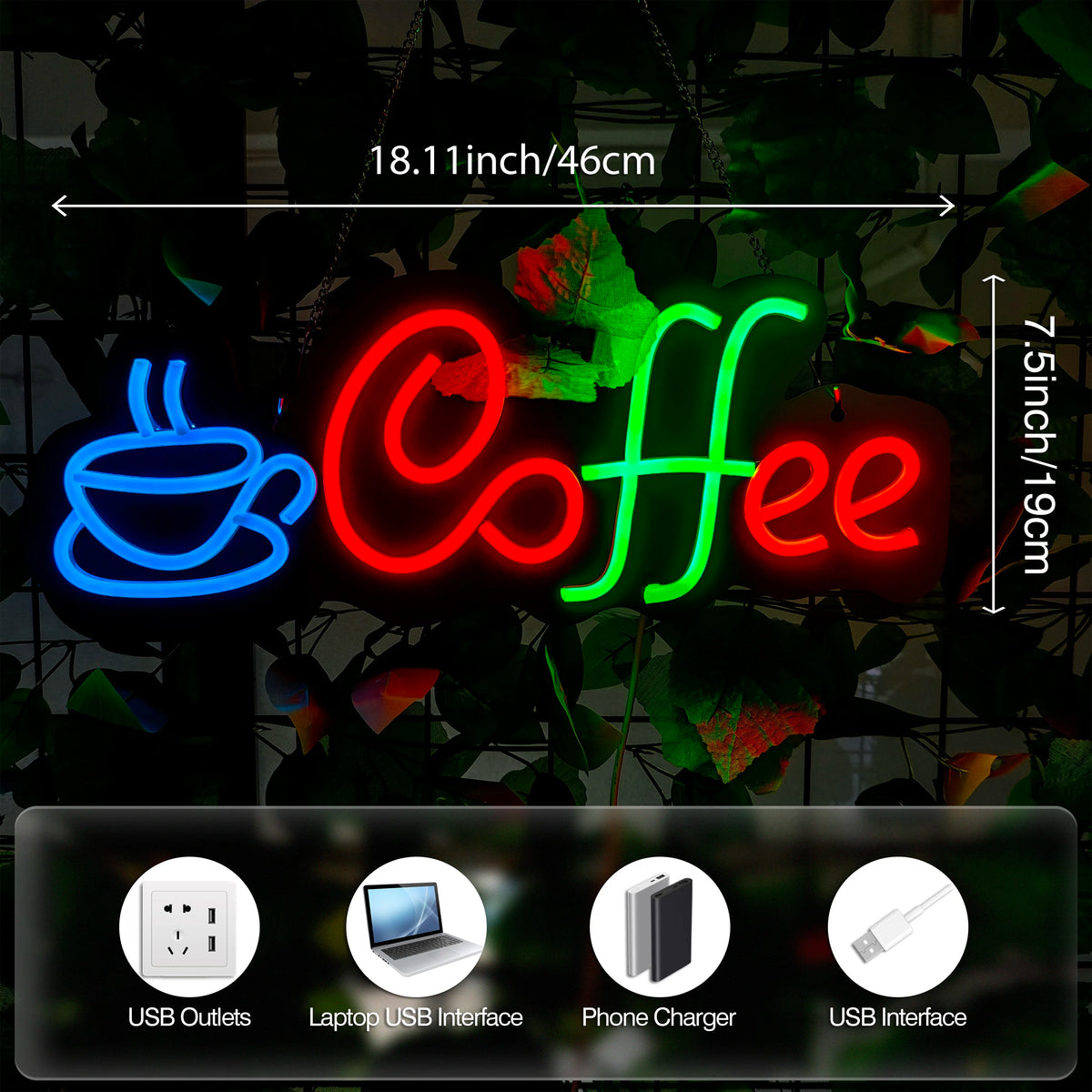 enseigne néon moderne lettres Coffee tasse bleu rouge vert fixée crochets