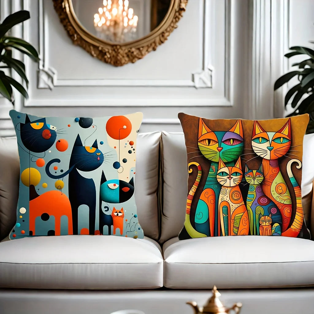 housse coussin moderne abstract cat 100% polyester bleu orange noir blanc vert zip invisible