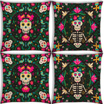ensemble quatre taies d'oreiller décoratives crâne mexicain fleurs violet jaune folklorique maison