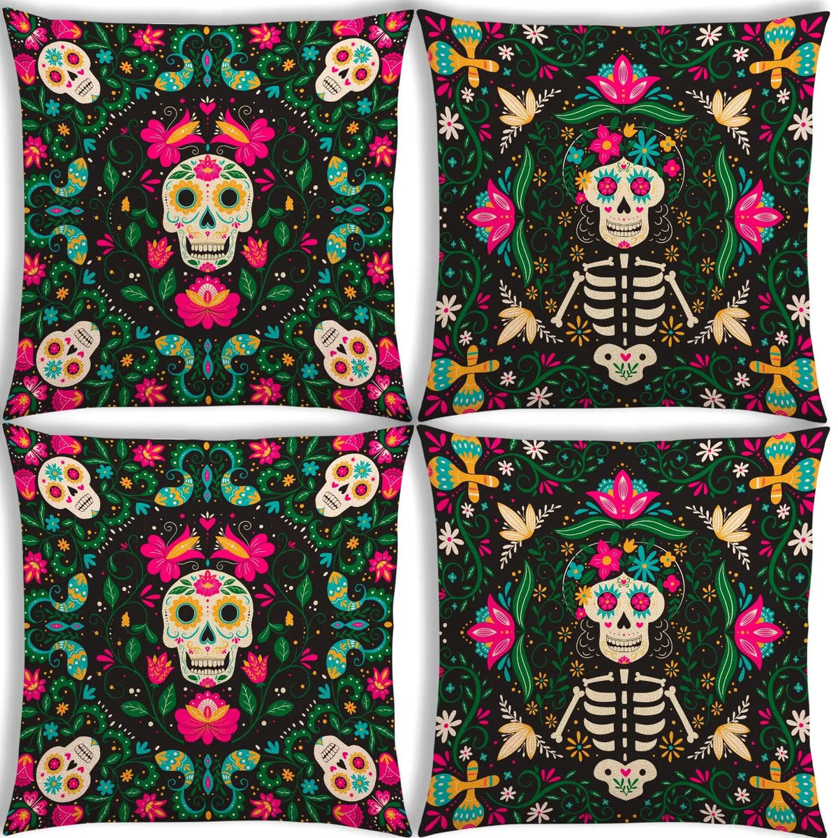 ensemble quatre taies d'oreiller décoratives crâne mexicain fleurs violet jaune folklorique maison