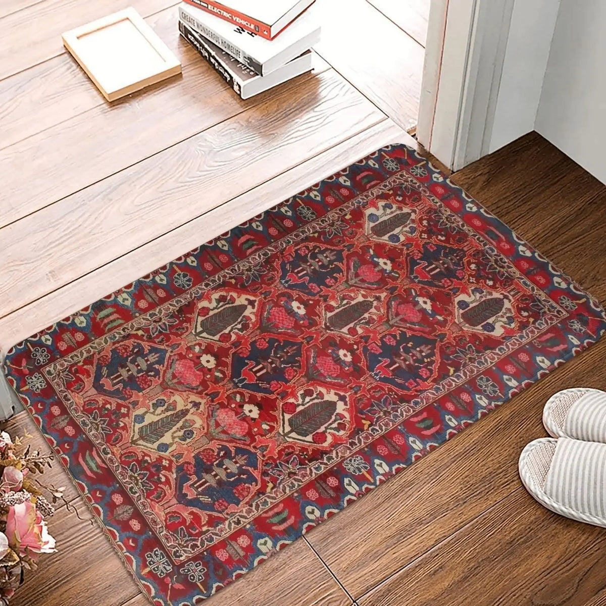 tapis ethnique traditionnel rouge bleu beige antidérapant intérieur extérieur doux porte sol cuisine