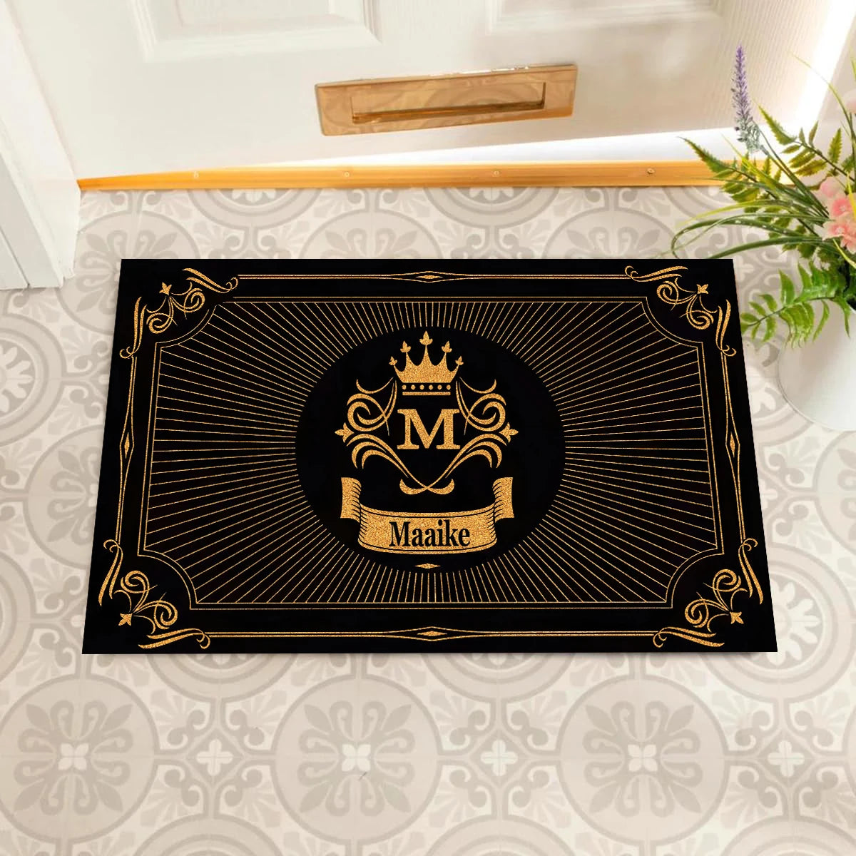 tapis d'entrée anti dérapant caoutchouc ornements dorés couronne classique élégant noir or