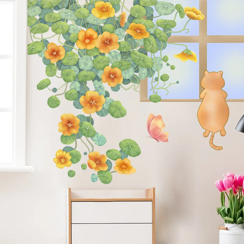 sticker mural dessin animé chat escalade fenêtre fleurs feuilles orange vert jaune rose illustration