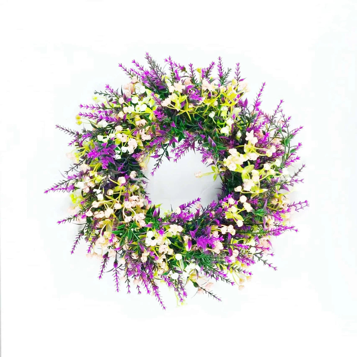 couronne florale artificielle violette blanche verte décoration extérieure mariage fête prénuptiale rustique naturel