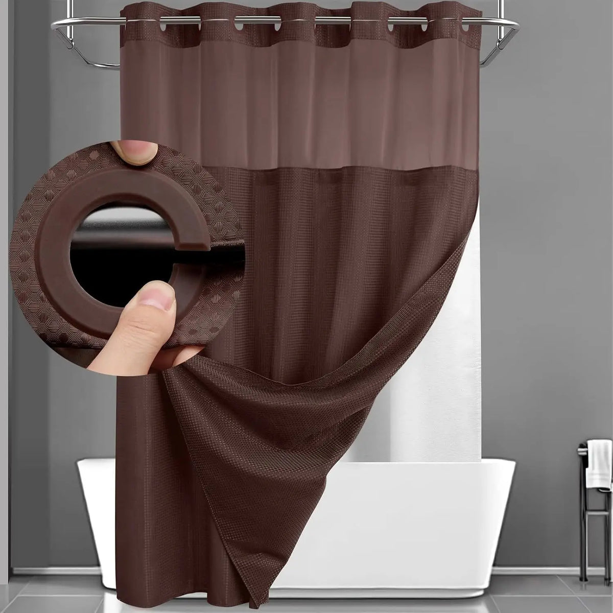 rideau douche moderne double couche gaufre blanc gris bleu vert texture tissée opaque magnets