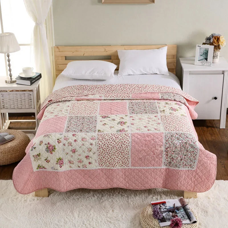 couverture coton patchwork fleurs rose feuilles vertes 150x200cm maison toutes saisons