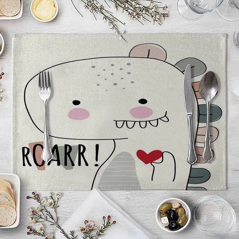 tapis table rectangulaire lin beige motif renard ours fleurs enfant cuisine