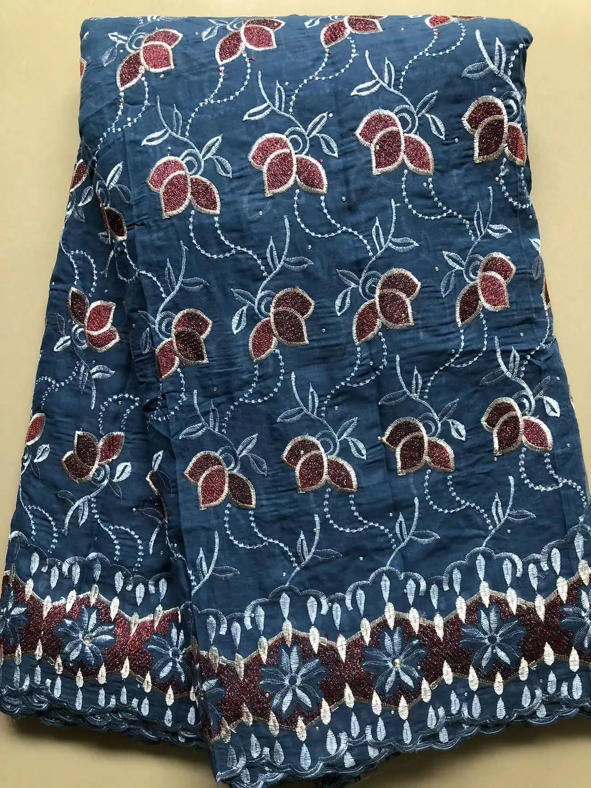 tissu dentelle brodée floral bleu marine violet doré robe mariage haute qualité coton polyester