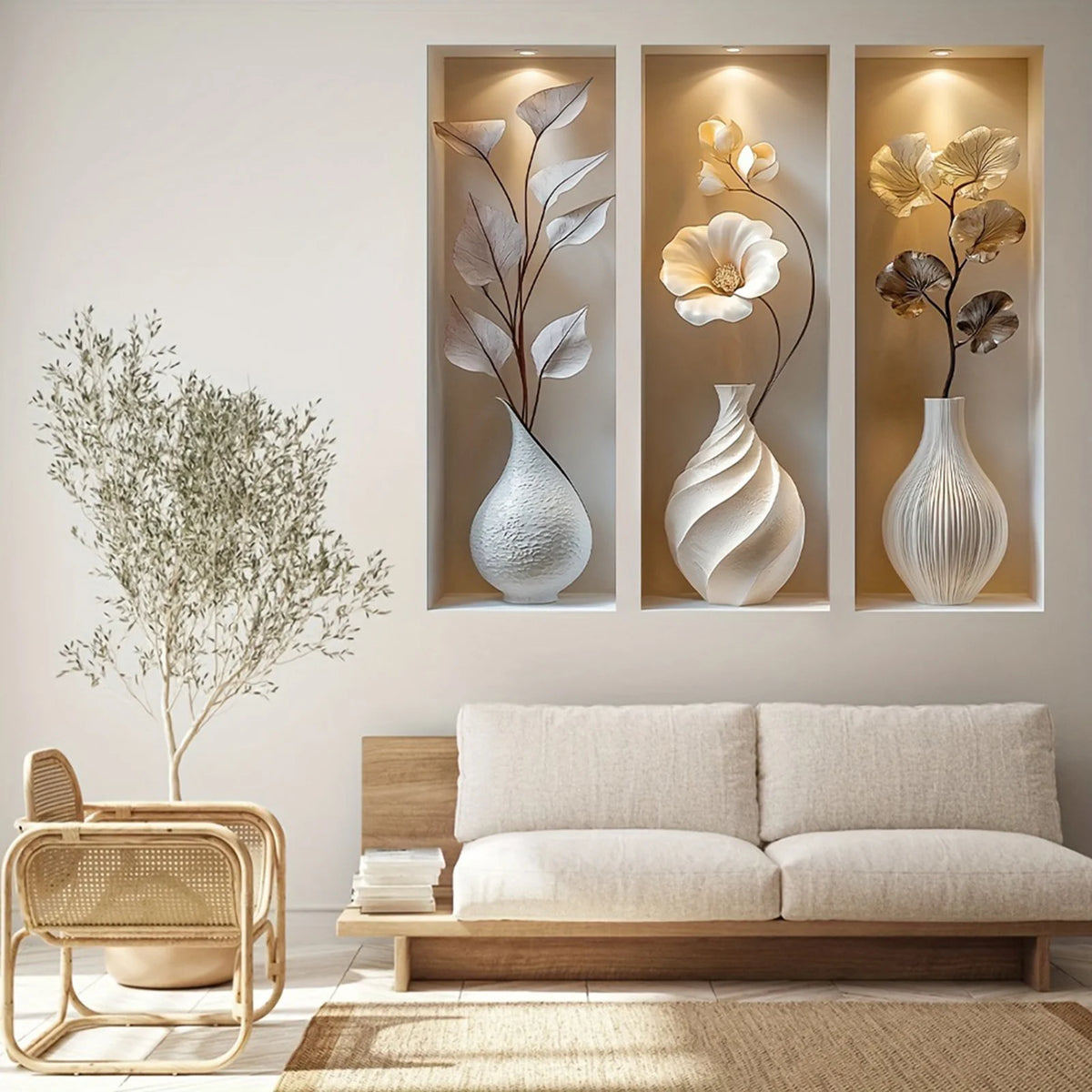 décorations murales modernes blanc beige doré fleurs vases sculptés opaquesintérieur salon chambre