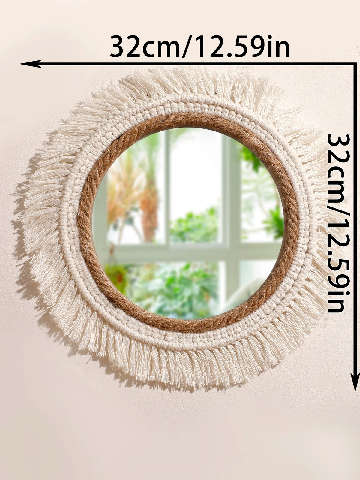 miroir boho macramé franges chambre salon décoration murale artisanale blanc beige
