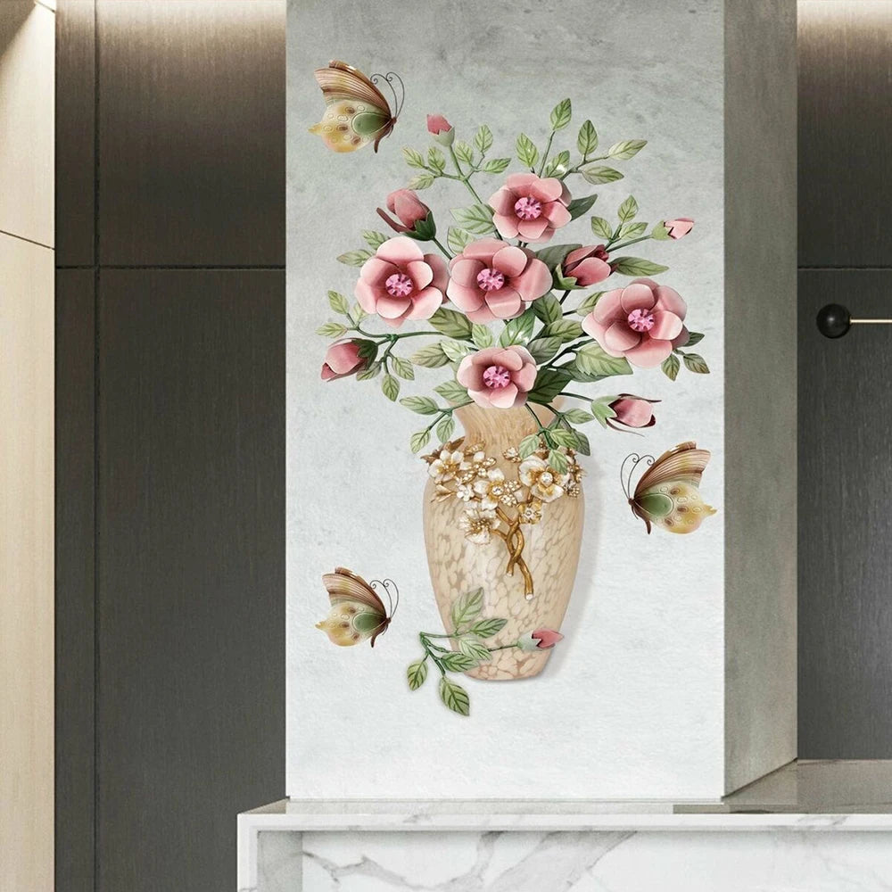 sticker mural bouquet fleurs papillons vintage romantique beige rose vert opaque chambre salon