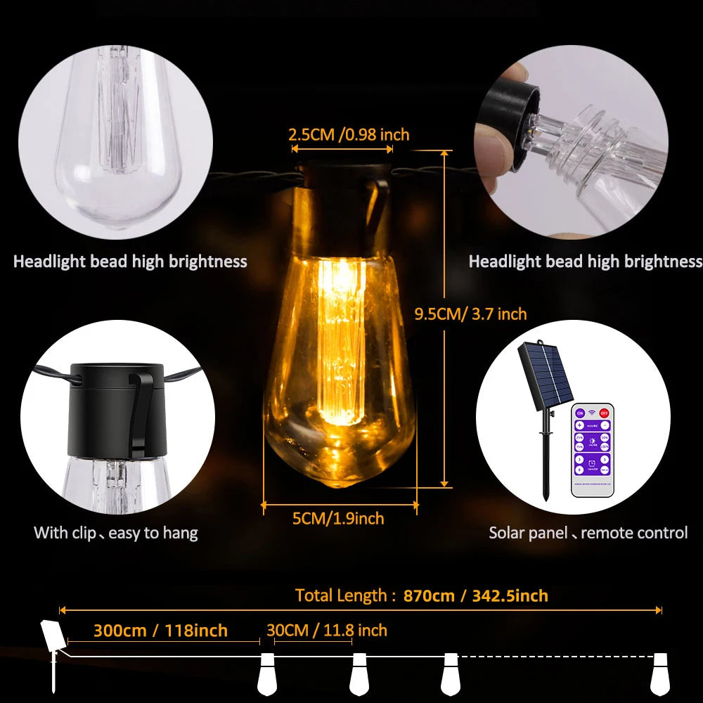 guirlande lumineuse solaire extérieure modes ambrée filaments visibles télécommande led contemporaine