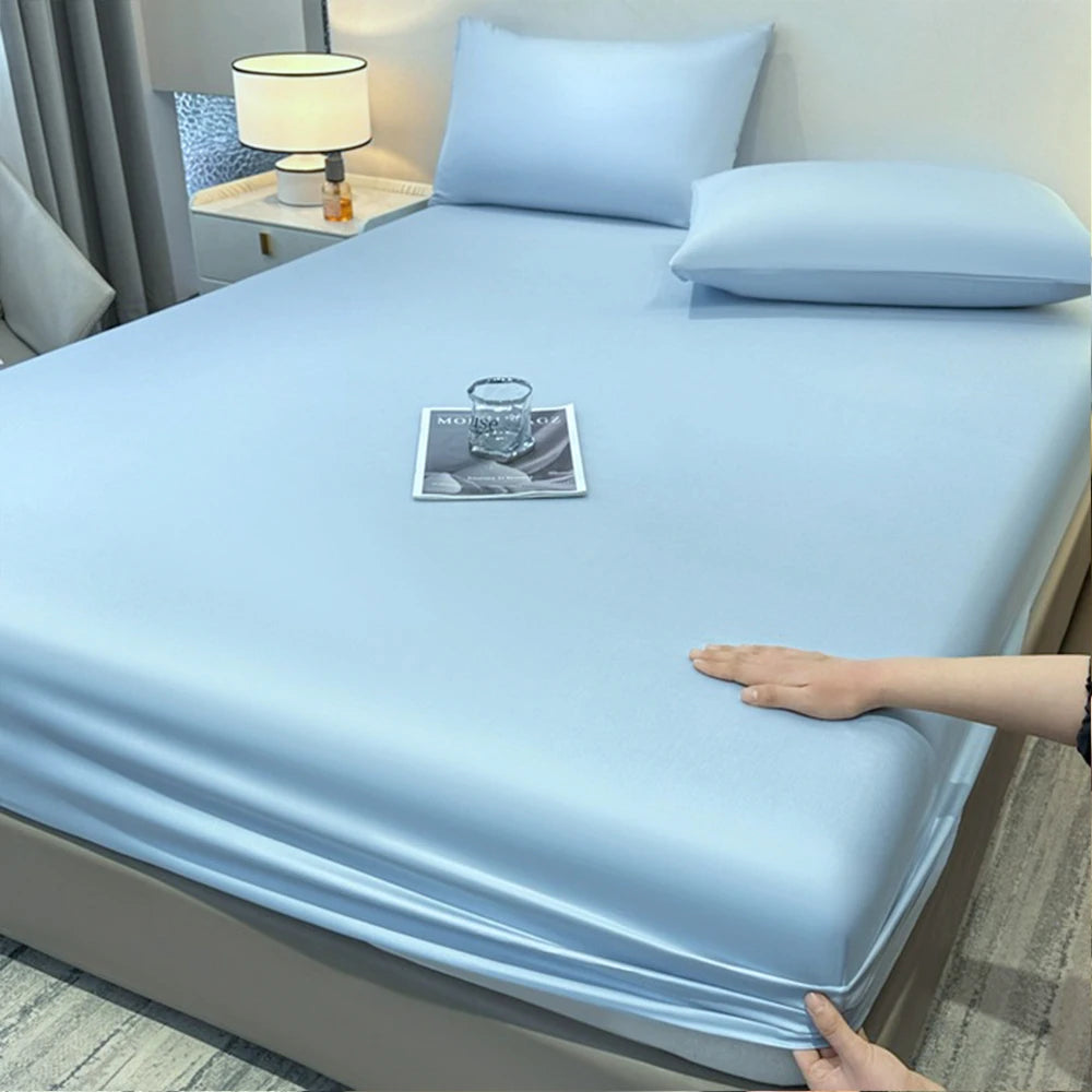 parure lit drap housse élastique soie glacée oreillers coton frais bleu clair uni