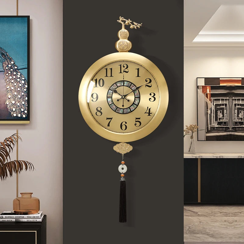 horloge murale or chinois moderne ornements fleurs arabes noirsOpaque